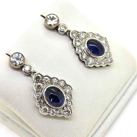 Cabochon Sapphire and Diamond Cluster Drop Earrings