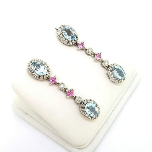 Aquamarine, Pink Sapphire and Diamond Drop Earrings