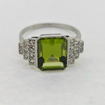 2.4ct Emerald Cut Peridot and Diamond Cluster Ring in Platinum
