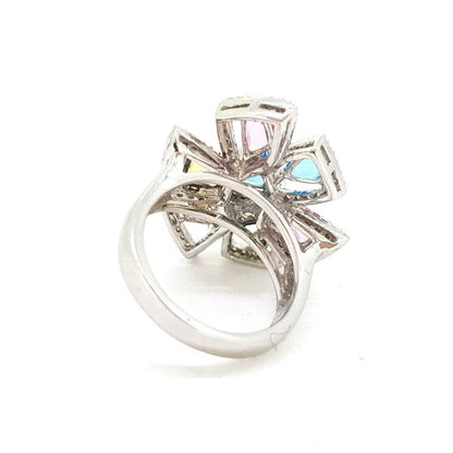 Abstract Multi Coloured Topaz and Diamond Cocktail Ring