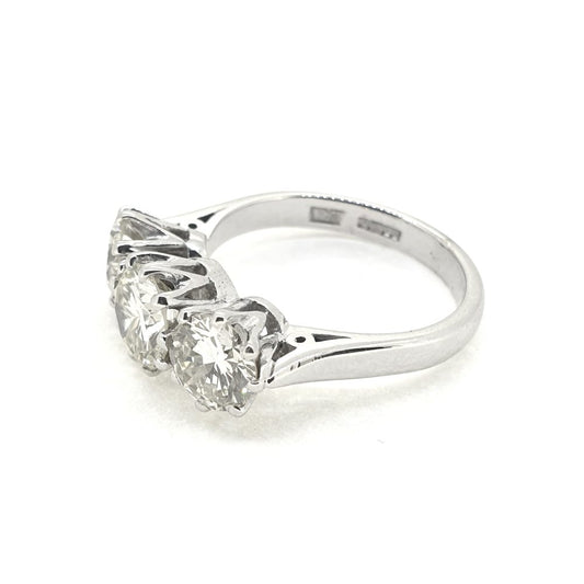 Vintage Diamond Three Stone Engagement Ring, 3 carat total, claw set with three round brilliant-cut diamonds in 18ct white gold. Circa 1994