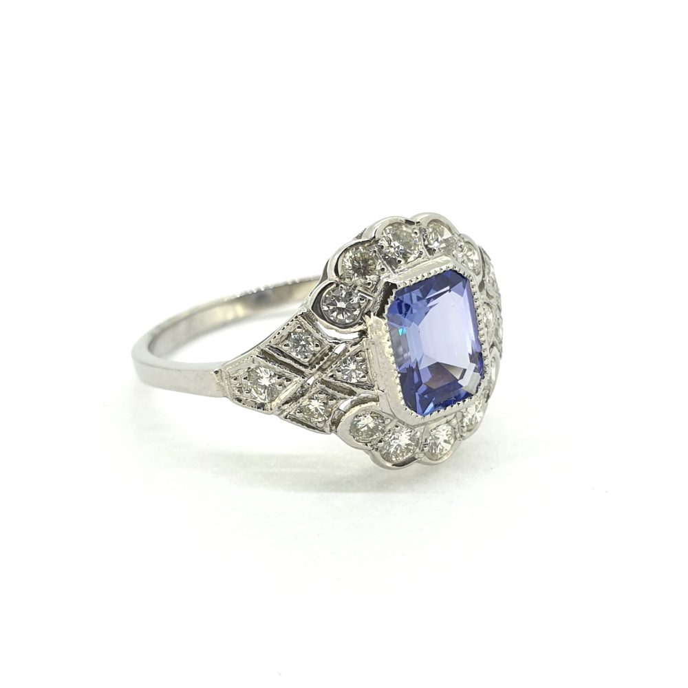 Art Deco Inspired 1.50ct Tanzanite and Diamond Cluster Dress Ring in Platinum