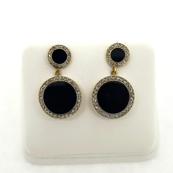 Vintage Onyx and Diamond Cluster Drop Earrings