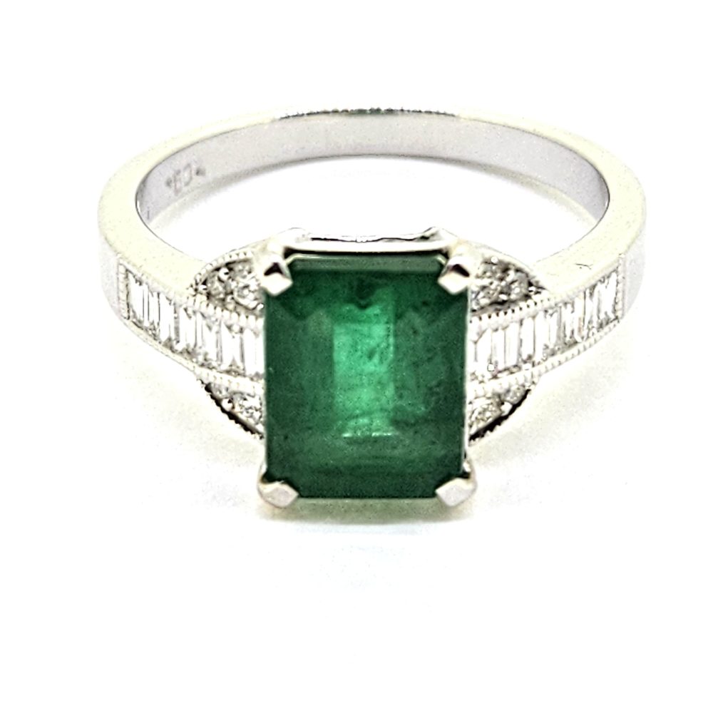 Emerald and Baguette Diamond Engagement Ring in 18ct White Gold