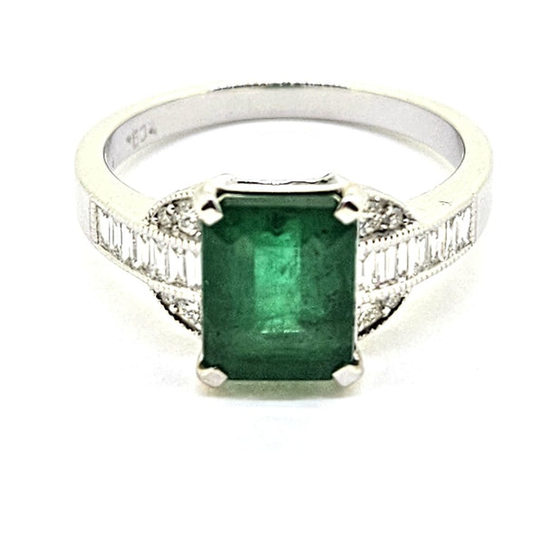Emerald and Baguette Diamond Engagement Ring in 18ct White Gold