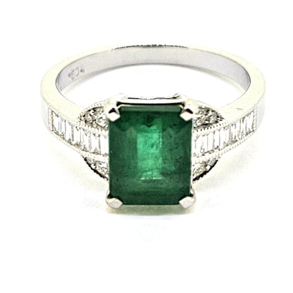 Emerald and Baguette Diamond Engagement Ring in 18ct White Gold