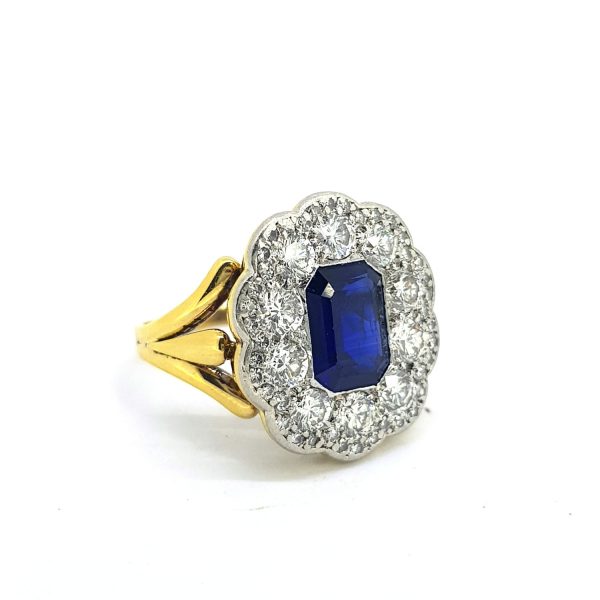Emerald Cut Sapphire and Diamond Cluster Ring