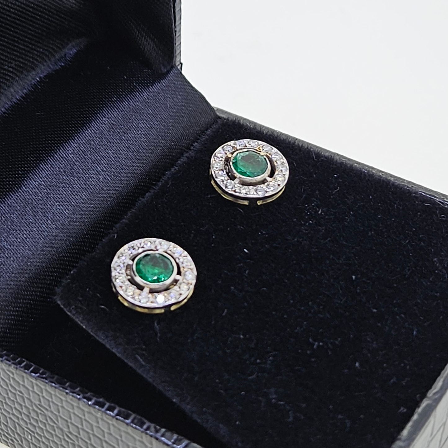 Emerald and Diamond Halo Target Cluster Stud Earrings
