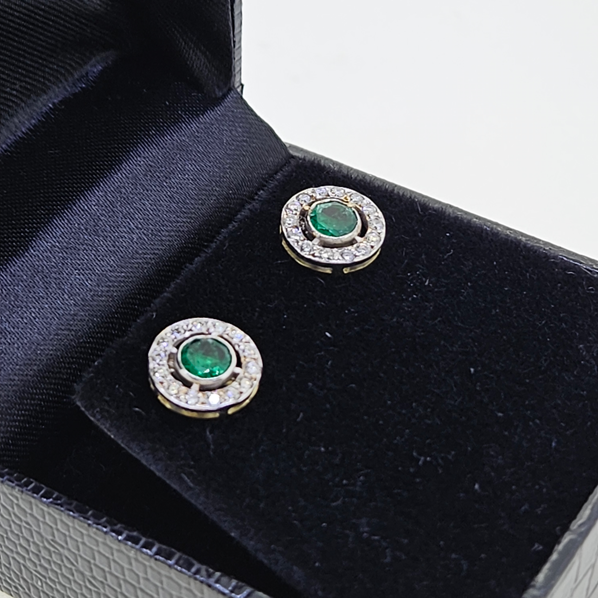 Emerald and Diamond Halo Target Cluster Stud Earrings