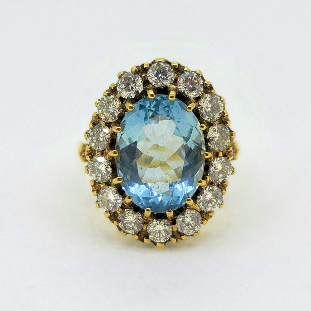 Vintage 4.50ct Aquamarine and 1.80ct Old Cut Diamond Cluster Ring in 18ct Yellow Gold