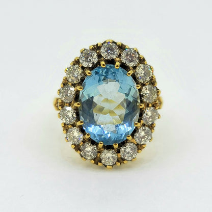 Vintage 4.50ct Aquamarine and 1.80ct Old Cut Diamond Cluster Ring in 18ct Yellow Gold
