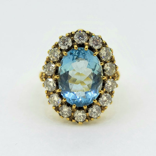 Vintage 4.50ct Aquamarine and 1.80ct Old Cut Diamond Cluster Ring in 18ct Yellow Gold