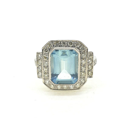 3ct Emerald Cut Aquamarine and Diamond Cluster Dress Ring in 18ct White Gold