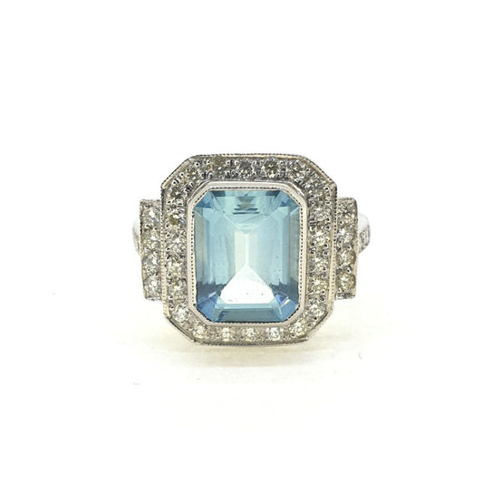 3ct Emerald Cut Aquamarine and Diamond Cluster Dress Ring in 18ct White Gold