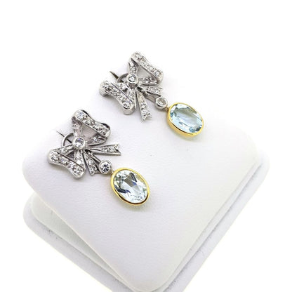 Aquamarine and Diamond Bow Cluster Drop Earrings