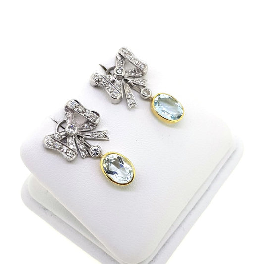 Aquamarine and Diamond Bow Cluster Drop Earrings