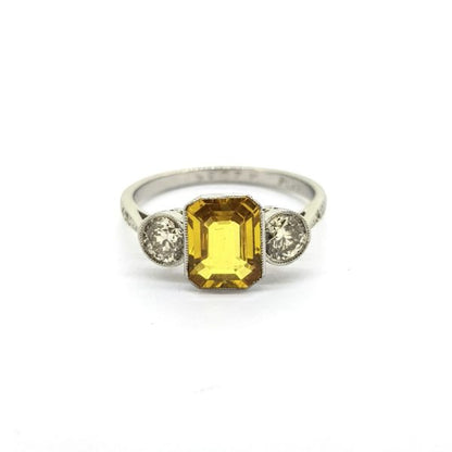 1.80ct Yellow Sapphire and Diamond Three Stone Ring in Platinum