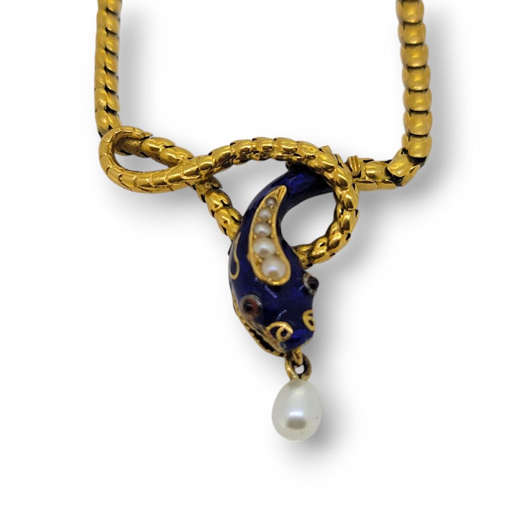 Victorian Antique Gold Snake Necklace with Pearl and Blue Enamel, yellow gold necklace with snake head pendant decorated with blue enamel and pearls