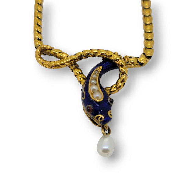 Victorian Antique Gold Snake Necklace with Pearl and Blue Enamel, yellow gold necklace with snake head pendant decorated with blue enamel and pearls