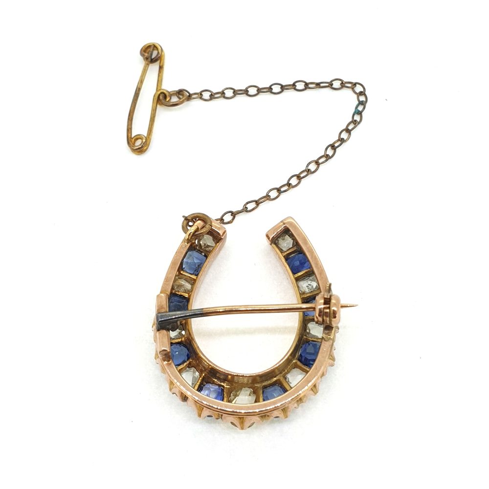 Vintage Rose Cut Diamond and Sapphire Horseshoe Brooch