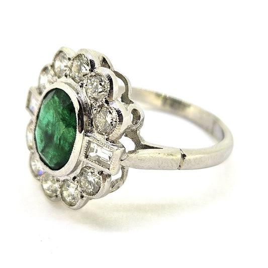 1.50ct Oval Emerald and Diamond Floral Cluster Ring in Platinum
