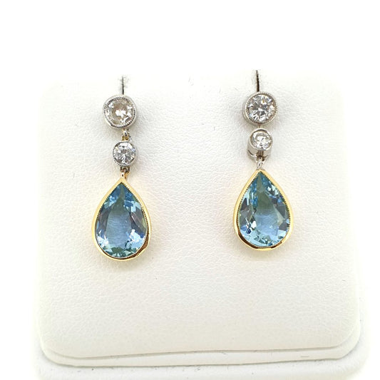 3.25ct Pear Cut Aquamarine and Diamond Drop Earrings