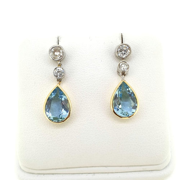3.25ct Pear Cut Aquamarine and Diamond Drop Earrings