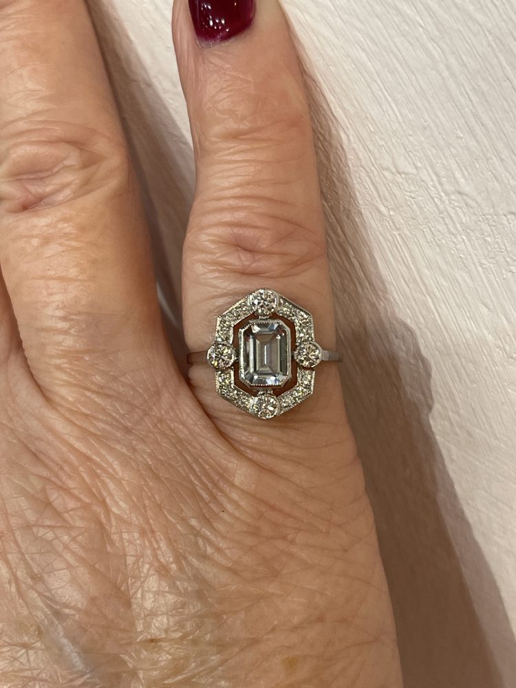 Modern 0.90ct Aquamarine and Diamond Halo Cluster Ring in Platinum