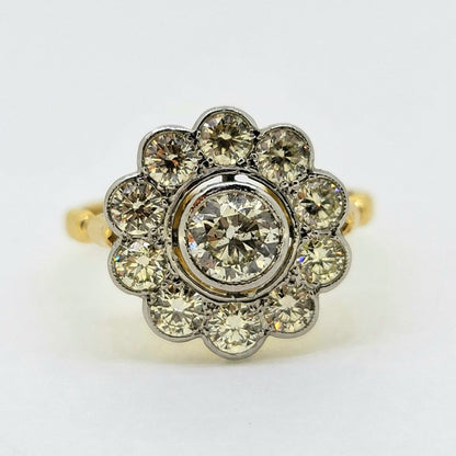 Vintage 1.75ct Diamond Daisy Cluster Engagement Ring in Platinum and 18ct Yellow Gold