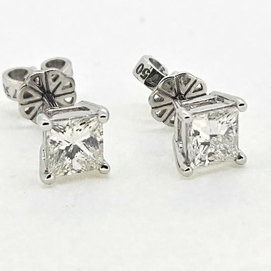 1ct Princess Cut Diamond Solitaire Stud Earrings