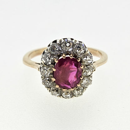 Natural No Heat Burma Ruby and Old Cut Diamond Cluster Engagement Ring