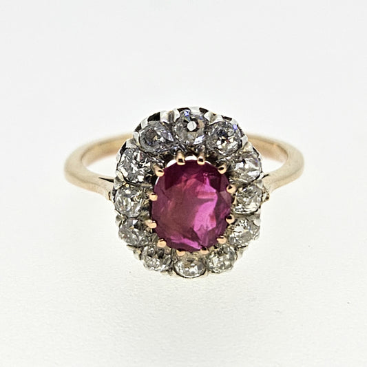 Natural No Heat Burma Ruby and Old Cut Diamond Cluster Engagement Ring
