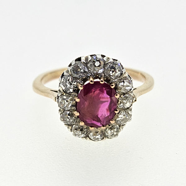 Natural No Heat Burma Ruby and Old Cut Diamond Cluster Engagement Ring