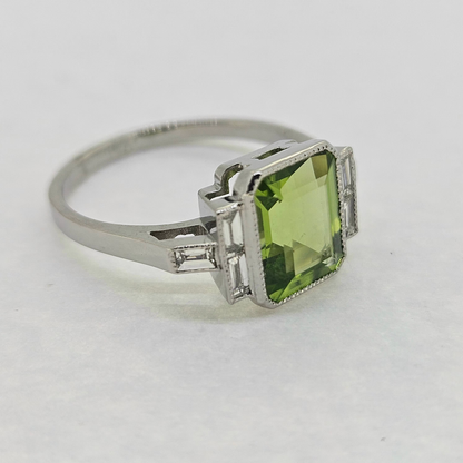 2.60ct Emerald Cut Peridot Ring with Baguette Diamonds in Platinum