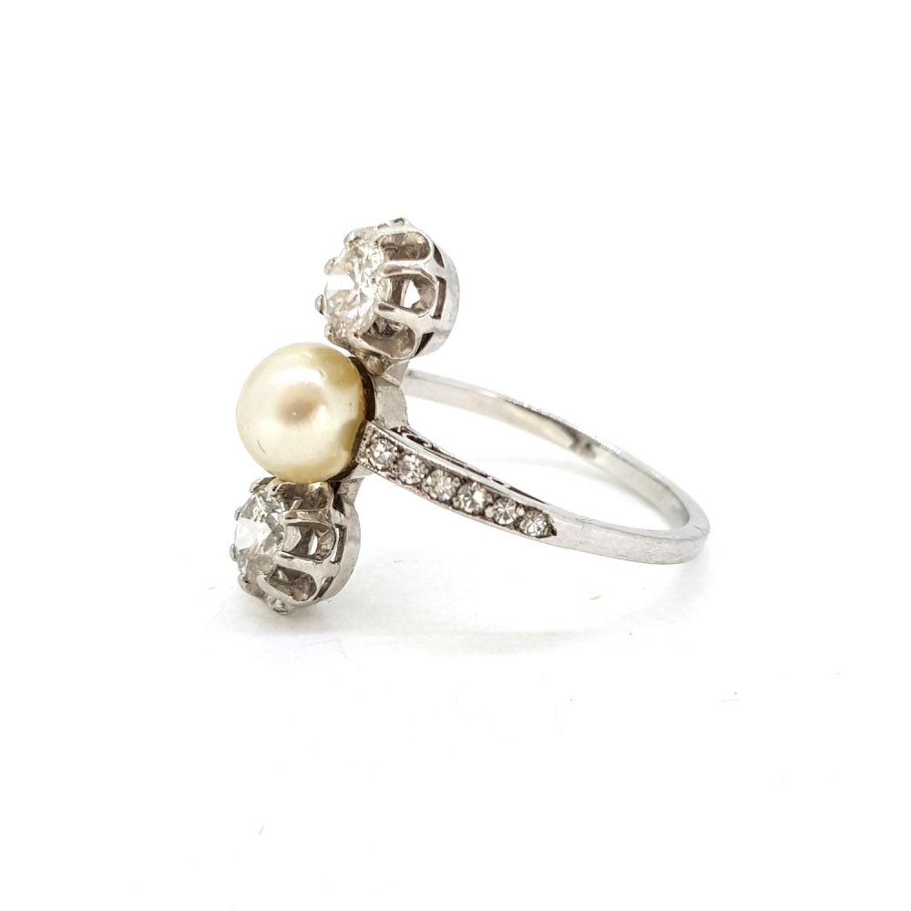 Art Deco Natural Pearl and Diamond Three Stone Ring in Platinum