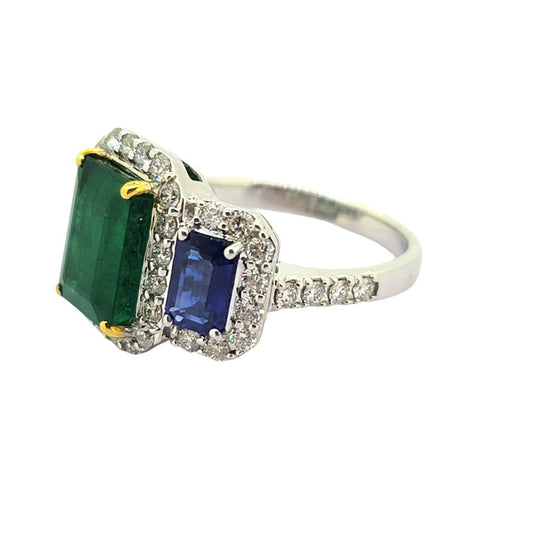 3.28ct Emerald Sapphire and Diamond Triple Cluster Ring, three stone emerald flanked by sapphires within diamond surrounds in 18ct white gold