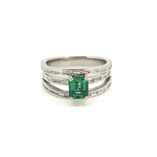 Contemporary Emerald and Diamond Three Band Ring