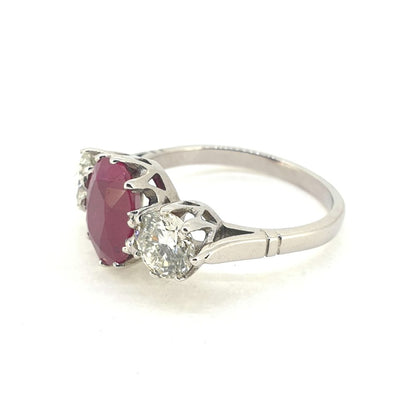 3.75ct Oval Ruby and Diamond Three Stone Engagement Ring in Platinum