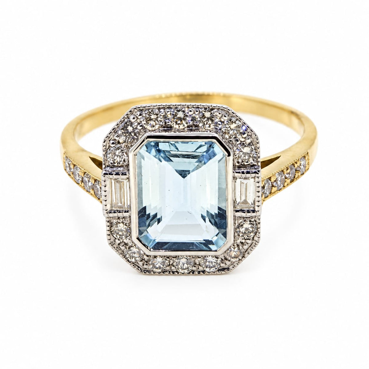 1.26ct Emerald Cut Aquamarine and Diamond Cluster Engagement Ring in 18ct Gold