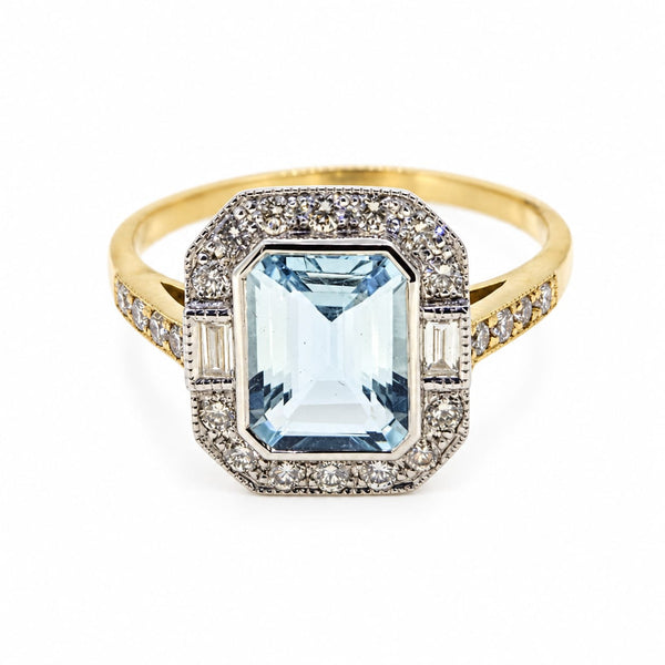 1.26ct Emerald Cut Aquamarine and Diamond Cluster Engagement Ring in 18ct Gold