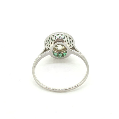 0.90ct Old Cut Diamond and Emerald Target Cluster Ring