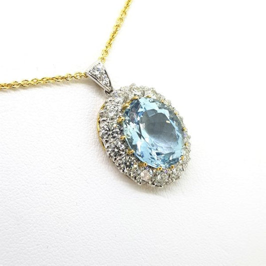 7ct Aquamarine and Diamond Oval Cluster Pendant