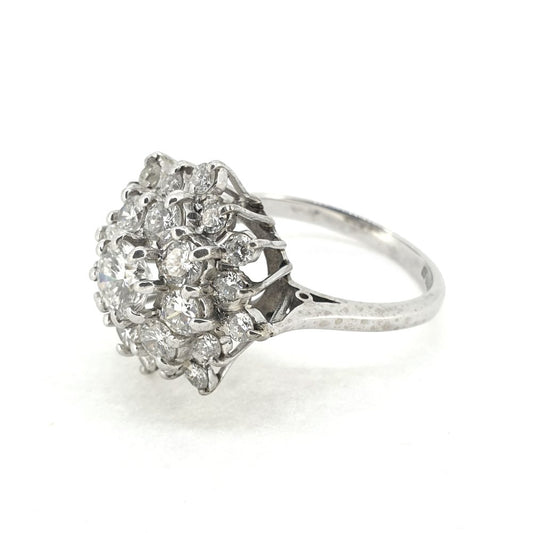 Vintage 1.50ct Diamond Sunburst Cluster Dress Ring in 18ct White Gold