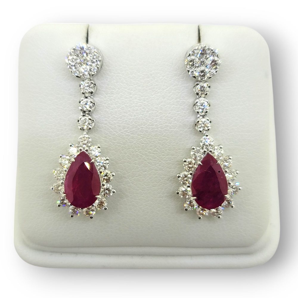 2.78ct Pear Cut Ruby and Diamond Cluster Drop Earrings