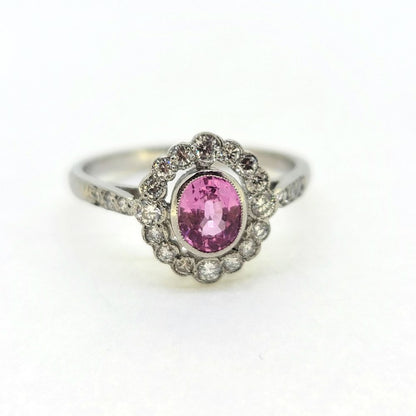 0.80ct Pink Sapphire and Diamond Cluster Engagement Ring in Platinum