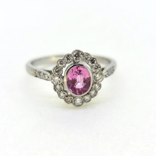 0.80ct Pink Sapphire and Diamond Cluster Engagement Ring in Platinum