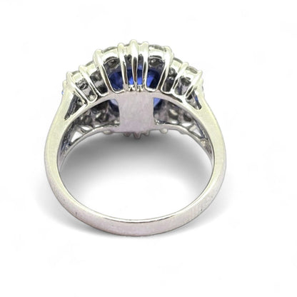 Oval Cushion Shaped Sapphire and Diamond Cluster Engagement Ring in 18ct white gold with split shoulders