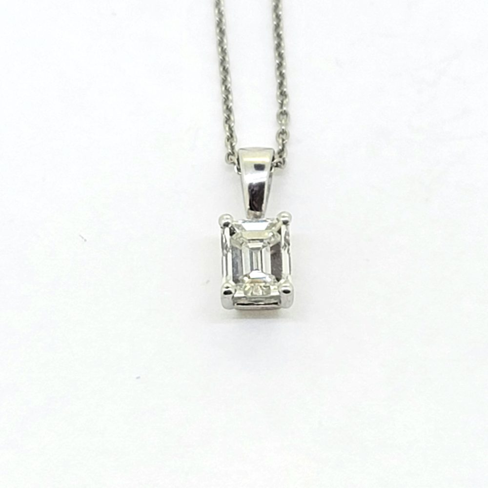 1ct Emerald Cut Pendant F VS1 with Chain, F colour VS1 clarity 1ct emerald-cut diamond four claw set and mounted in 18ct white gold on 16" chain