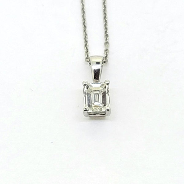 1ct Emerald Cut Pendant F VS1 with Chain, F colour VS1 clarity 1ct emerald-cut diamond four claw set and mounted in 18ct white gold on 16" chain
