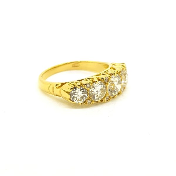 Antique Victorian Diamond Five Stone Ring, 2.10 carat total, 18ct yellow gold carved scrolled ring set with five diamonds